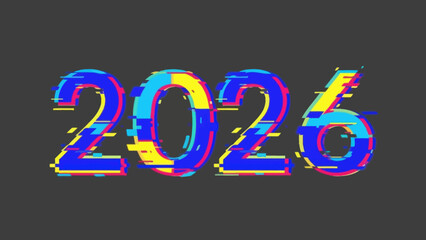 Vibrant glitch art of the year 2026 against a dark grey background digital creation