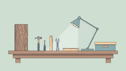 Workshop table with a collection of handyman tools for do-it-yourself projects and home repairs, illuminated by a desk lamp