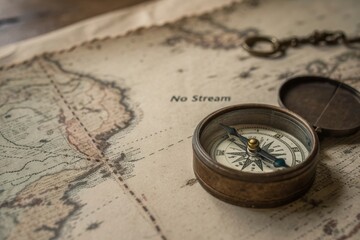 A vintage compass resting on an old dusty map