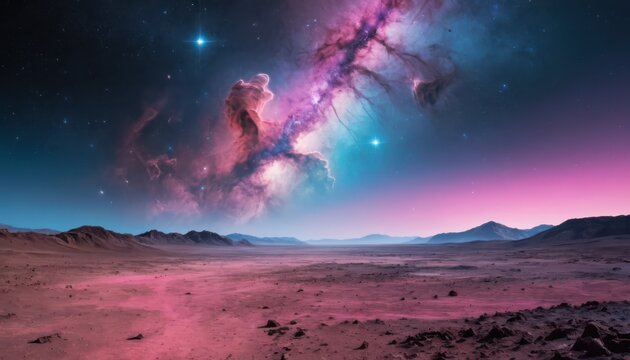 Vast alien landscape under a spectacular multicolored cosmic nebula - Powered by Adobe