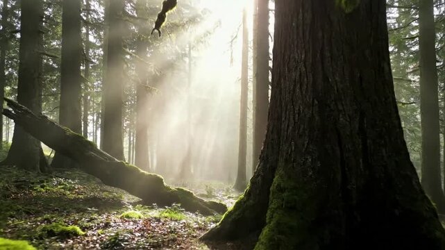 Mysterious Silhouettes of Trees in a Deep Foggy Landscape Emphasize the stark, dark silhouettes of leafless or evergreen trees standing tall against the backdrop of an impenetrable, white fog,?