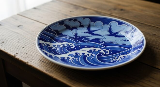 Ornate ceramic plate decorated with traditional oceanic and avian motifs rests upon a wooden surface