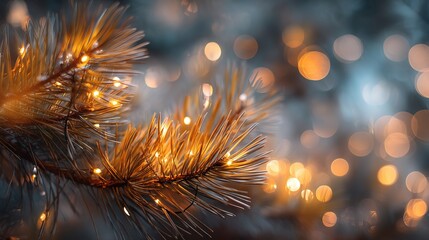 Fototapeta premium Golden-lit pine branch glowing softly against cool ambient winter bokeh background