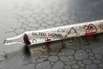 Closeup of a cracked transparent pipette with dark stained residue