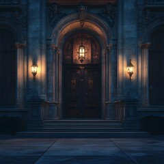 Imposing Entrance of a Stone Building at Night architecture Image
