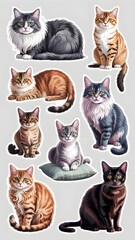 Sticker Sheet Collection of Playful Cat Illustrations Showcasing Various Breeds and Personalities in Lively Poses