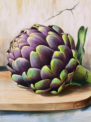 Vibrant Artichoke Resting on a Wooden Cutting Board Against a Cracked Wall