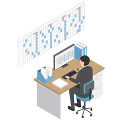 シフトを作成する男性会社員・アイソメトリック