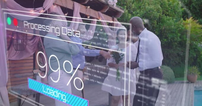 Woman with bouquet, man in tie congratulating on deck, initiating tech HUD reaching 100% and fading