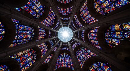 Overhead view of ornate stained glass windows and architectural design