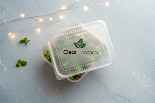 Clear eco-friendly food clamshell container flatlay view