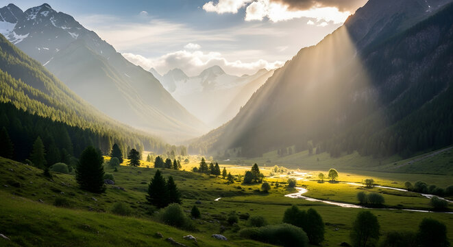 Golden sunbeams stream into a majestic alpine valley, illuminating a lush green meadow and a winding river at sunrise