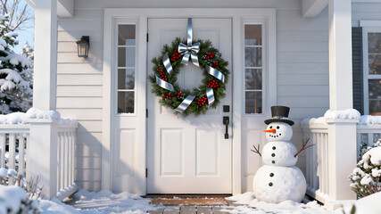 A charming white house decorated for Christmas with a wreath on the door and a snowman on the porch, surrounded by snow.