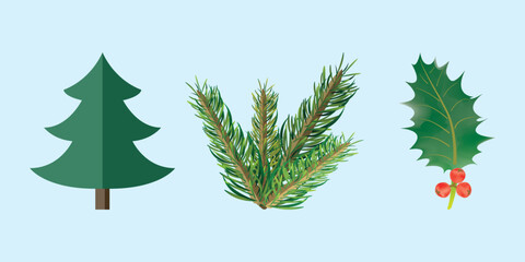 Fototapeta premium Winter nature trio with stylized tree, realistic pine needles, and holly leaf with berries