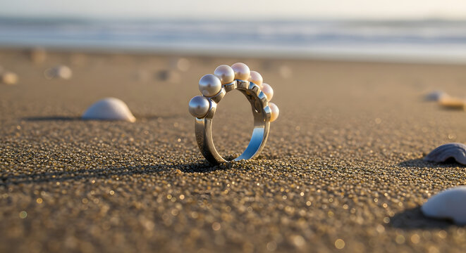 Silver ring with pearls on a sandy beach at sunset, a symbol of luxury and seaside beauty