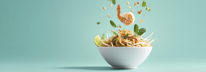 Dynamic Pad Thai Dish with Fresh Ingredients Falling into a Bowl