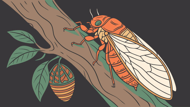 Illustration of a cicada perched on a tree branch with leaves and a cicada shell hanging down below
