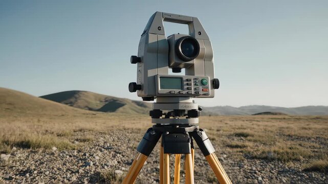 Surveying Equipment Set Up in a Dry, Hilly Landscape Under a Clear Sky.