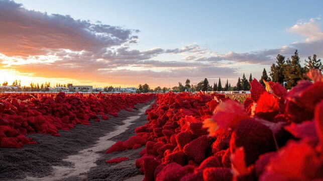 A field of ripe strawberries basks in the warm glow of a setting sun, with a path leading through the rows.