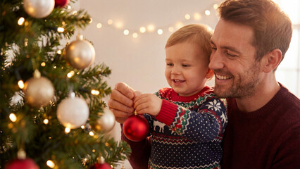 Warm Portrait of Father and Toddler Boy Putting Balls on Christmas Tree, Festive Family Evening