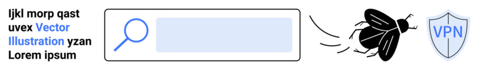 Obraz premium Cybersecurity, online privacy, malware detection, search protection, digital security, virtual networks. A bug flying from a search bar toward a VPN shield. Cybersecurity and online privacy concept