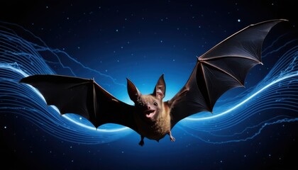 Nocturnal Bat Gliding Amidst Glowing Blue Waves and Starry Depths