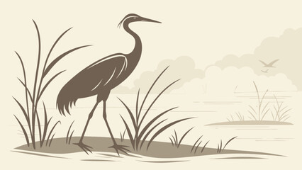 Fototapeta premium Illustration of a heron standing in tall grass near a body of water with birds in the distance