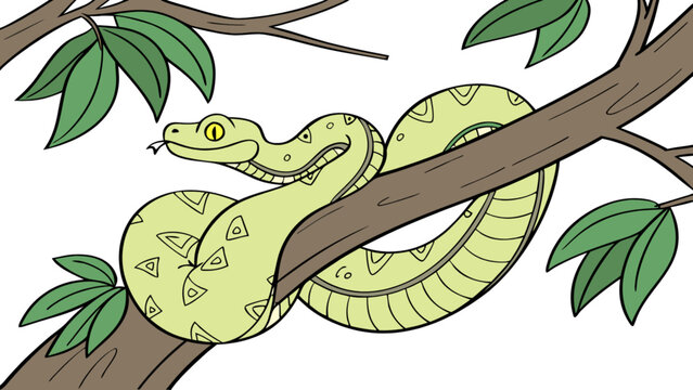 A cartoon snake coiled on a tree branch with green leaves and a white background in a simple drawing style