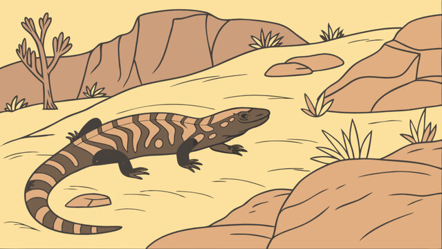 Illustration of a gila monster in a desert landscape with rocks and sparse vegetation in light brown tones