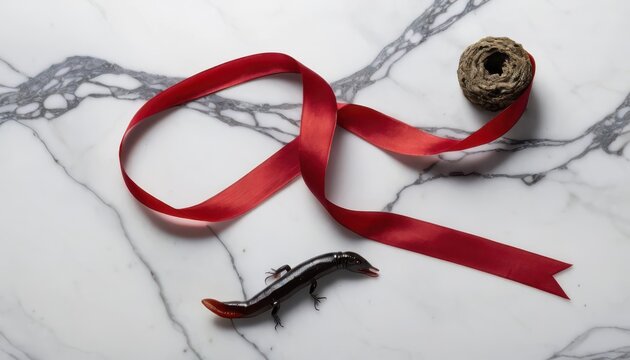 Elegant marble surface displaying a striking red ribbon and unique elements