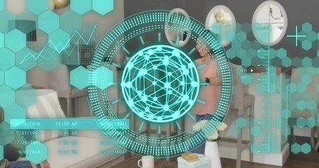 Senior woman bringing cake from counter placing party candles on table watching under HUD animating - Powered by Adobe