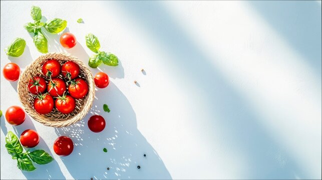 A top-down shot of a basket of ripe red tomatoes and fresh basil leaves on a white surface, with sunlight creating shadows. - Powered by Adobe