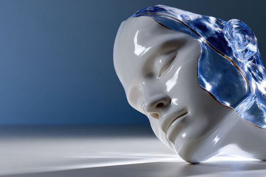 A stylized, glossy face exuding a feeling of introspection, beautifully highlighted against a backdrop of soft, subdued colors creating an ethereal atmosphere.