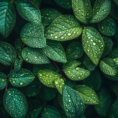Textured green leaves with abundant water droplets Image