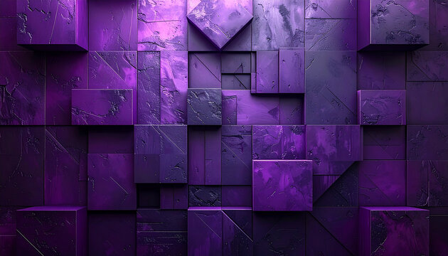 3D purple cubes and geometric shapes with rough textured surfaces abstract background - Powered by Adobe