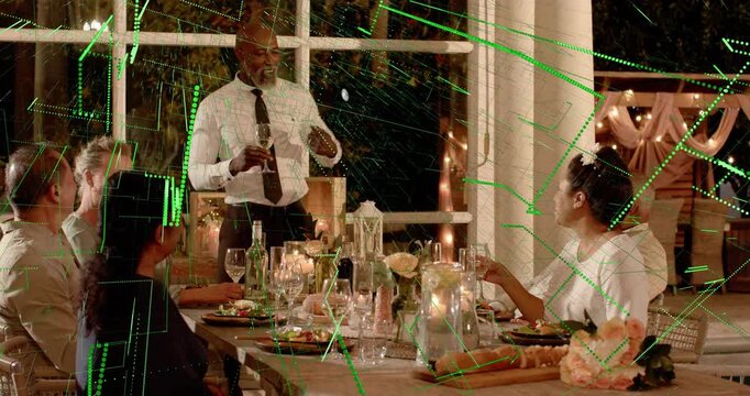 Male speaker raising glass, causing green overlays growing over table during event, guests clapping