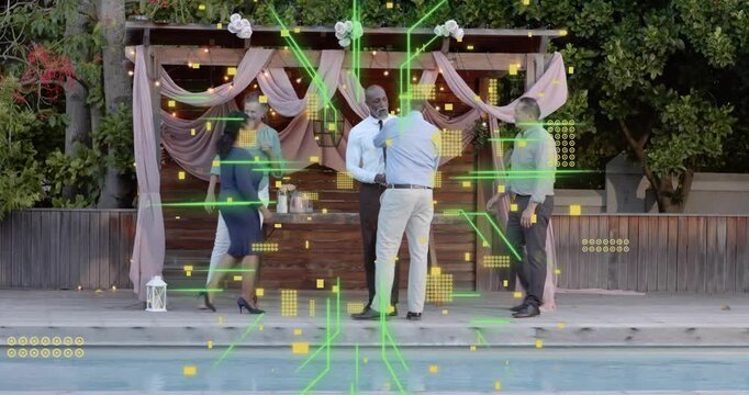 Man holding box initiating handshake by pool, group posing, green yellow overlays promoting event