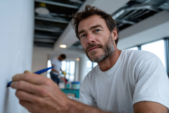 A close-up depiction of a dedicated craftsman painting a wall, showcasing the intricacies of manual work, attention to detail, and the spirit of creativity and diligence in craftsmanship.