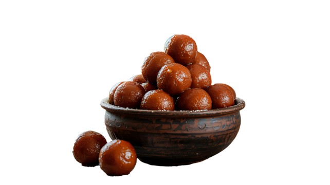 Traditional gulab jamun dessert served in rustic bowl
