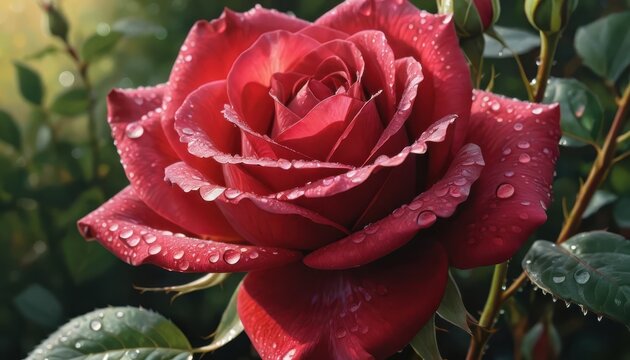 Captivating red rose bloom adorned with shimmering water droplets outdoors