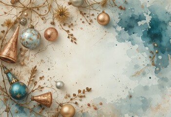 Elegant Christmas Ornaments Border with Vintage Gold and Teal Baubles on Watercolor Background  with Copy Space
