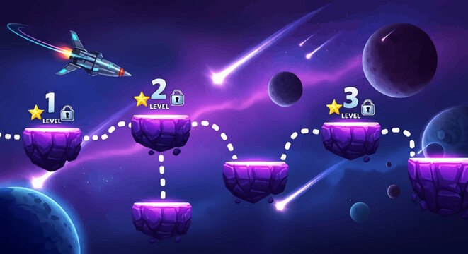 A futuristic video game level map with a rocketship navigating a cosmic path through a vibrant purple galaxy