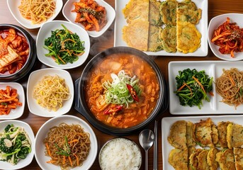 Image of Authentic Korean Street Food Selection, Traditional Korean Dishes on Rustic Table, Colorful Assortment of Korean Cuisine
