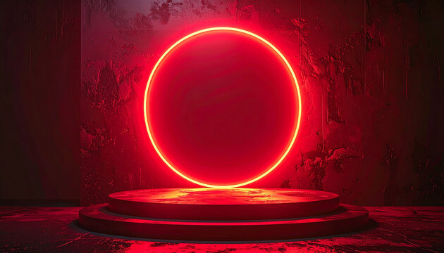 Glowing red neon circle on a podium against an abstract black background in a dark setting.