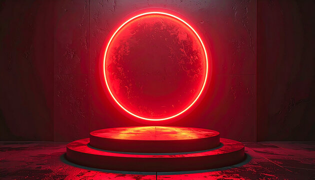 Glowing red neon circle on a podium against an abstract black background in a dark setting.