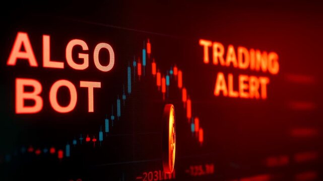 Algo bot trading alert signals bitcoin crash on cryptocurrency exchange, as market graph shows extreme volatility, bearish downtrend, and high financial risk