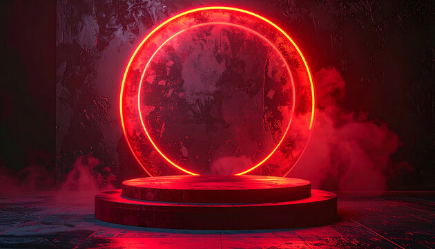 Glowing red neon circle on a podium against an abstract black background in a dark setting. 