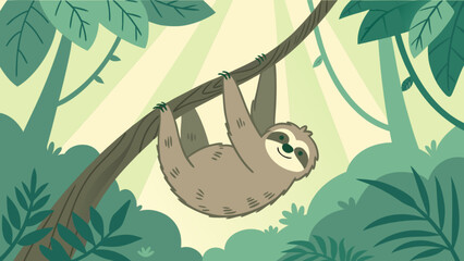 Illustration of a cute sloth hanging from a tree branch in a lush green tropical forest scene design