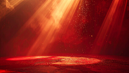 Glowing red neon circle on a podium against an abstract black background in a dark setting.