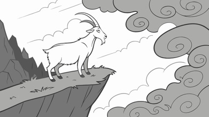 Illustration of a goat standing on a cliff overlooking a cloudy sky in grayscale tones and simple lines